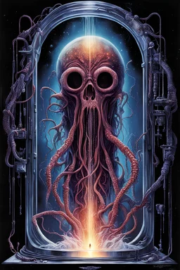 Modern movie poster art by Drew Struzan, surreal composition for sci-fi hooror movie "ABANDONDED LAB", dark colors, lovecraftian creatures suspended viscous liquid in cryogenic chambers, digital art, weirdcore, art from beyond, dramatic, poster art masterpiece!, by Terry Oakes