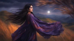 Hyper Realistic Close-up-view of a Beautiful Young Happy Pashto Girl with long-black-hair wearing purple-&-orange-embroidery-dress-with-black-shawl whirling with breeze, tall-grass along with a thick-tree on mountain top & cloudy-moonlight at night showing dramatic & cinematic ambiance