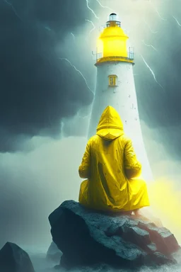 portrait of dead seafarers face sitting in yellow raincoat on rocks beneath an unreal bright white lighthouse, storm clouds, volumetric fog, lightening, volumetric light,depth of field, fantasy art, 4k, highly detailed, sunbeam