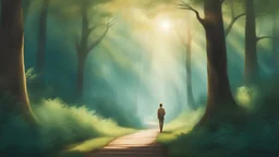 Create an image of a serene and uplifting scene that embodies Ethan's journey of self-improvement and his desire to inspire others. The setting is a tranquil, sunlit path through a lush forest, symbolizing the journey. In the foreground, a figure, representing Ethan, stands at the beginning of the path, looking ahead with a sense of purpose and optimism. The figure is depicted in a way that suggests readiness to embark on a personal quest, with a backpack slung over one shoulder