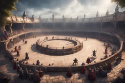 fantasy medieval fighting arena, frontal view with people on back