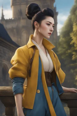 front view, beautiful female, asian, pale skin, dark hair, front mohawk, back high bun hairstyle, detailed dark eyes, yellow jacket, wearing backpack, baggy blue pants, fantasy setting, medieval, year 1800, 8k, high detail, intricate, cinematic background, facing viewer