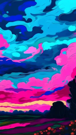 blue pink sky, anime style, in the style of vincent van Gogh