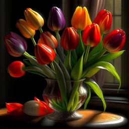 A bouquet of tulips against a transparent background, for an adult daughter, fantasy, fantastic, atmospheric, photorealistic, masterpiece, HDR, Greg Rutkovsky, Edmund Leighton, Artgerm, Wlop, voluminous lighting, superdodalized complex details, deep color, warm colors of Unreal Engine 5 daylight