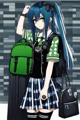 Full body image , punk-goth, schoolgirl chic, Blue Streaks, one cute bag ((hair color is combination of black and white hair)), long hair, straight hair, green skin, big eyesplaid skirt, stripe blouse, Checkerboard Bow, Stitched Jacket, Black Vest, Knee-High Socks, Bolt Necklace, Bolt Earrings, Stitched Dress, Platform Heels, mary jane shoes, Green Skin, Neck Bolts, Pet Watzit, Torn Tights, Electric Personality, sophisticated,, beautiful woman, ((background: school,,)) hyper realistic,