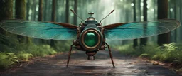 High-end hyperrealism epic DSLR dragonfly telephoto Camera, Steampunk-inspired cinematic photography, symmetry forest alley background, Aesthetic combination of metallic sage green and titanium blue, Vintage style with brown pure leather accents, Art Nouveau visuals with Octane Render 3D tech, Ultra-High-Definition (UHD) cinematic character rendering, Detailed close-ups capturing intricate beauty, Aim for hyper-detailed 8K