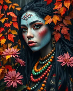 Vibrant autumn foliage in a rain-kissed setting, Ikebana arrangement, Haiku poetry inspiration, Japanese garden elements, autumn asters, Utagawa Hiroshige essence, Isaac Levitan influence, woman with dark skin, tribal markings, mysterious expression, piercing eyes, flowing black hair, colorful beads, layered textiles, bright hues, ornate jewelry, cultural richness, dark, blurred backdrop, GoBi, Наталья И-ва.Mystical character with pale blue scaly skin, icy green eyes, dark eyeliner, cascading da