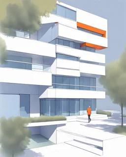 Dibujo arquitectónico de un edificio de cinco pisos, moderno, diseñado aplicando la proporción, estilo minimalista futurista, calidad ultra, gente, árboles, colores complementarios