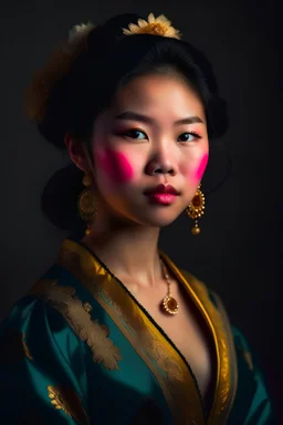 portrait of young asian woman wearing baroque dress