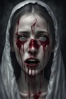 A horror digital realism portrait of a saint blind girl with gloomy eyes and bleeding mouth her soul out pain pain pain lost and broken