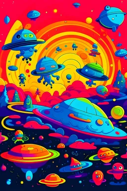 /imagine kids illustration space scene with monsters and flying saucers, cartoon style, thick lines, low detail, vivid color --ar 85:110