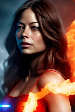 kristin kreuk, head and shoulders portrait, superman clothes, 8k resolution, fog, smoke, fire, particles