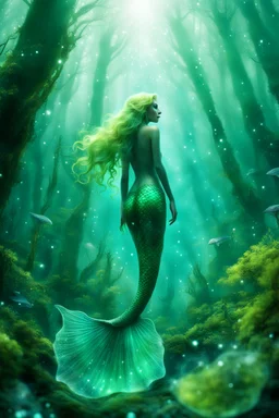 a translucent mermaid with dust particles, looking down at a beautiful green fantasy forest