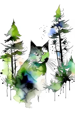 Watercolour effect, cat, forest abstract,roschCh ink blot test, white background, muted colour's.no black outline, no black colour only white more watercolour blobs, no black outline, other colours