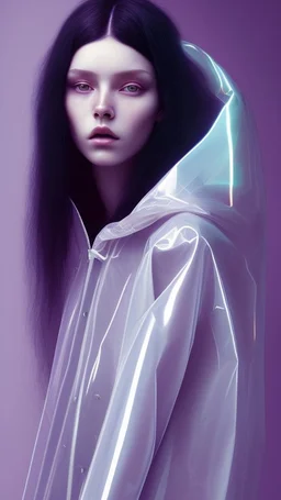 painting by koson ohara and marta bevacqua, portrait of a beautiful goth woman with long black hair, wearing a plastic raincoat, purple neon lighting, 8k, high quality, highly detailed