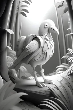 ambient occlusion render of detailed bird character hiking in forest