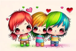 cute rainbow chibi girl and boy and hearts