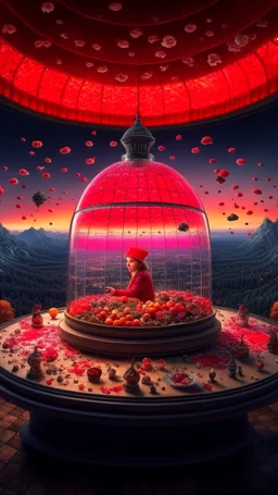 full shot of happy dandys eating cherries in a floating glass dome, dreamlike atmosphere, in the background the landscape burns like hell, in the style of Rafael di Sanzio