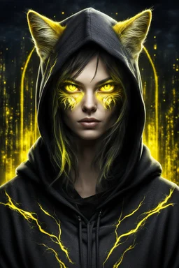 woman with glowing yellow cat eyes, wearing dark hoodie, very detailed, sharp focus, random background, fantasy, stunning