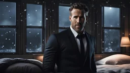 Hyper Realistic Muscular Ryan Reynolds looking handsome in a black tuxedo dressing in a dark-cozy-bedroom with huge-windows at dark-snowfall-night