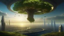 the last tree on earth, view from a far, portal to a space near the tree, few ships flying near the tree, city of the future year 4222, very realistic,