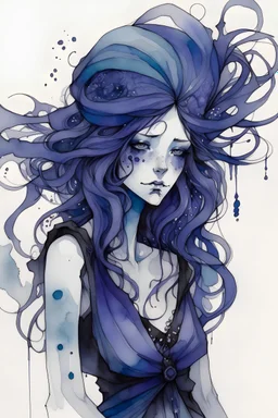 An ink wash and watercolor illustration of a young witch with highly detailed hair and facial features , indigo and amethyst, ragged and torn Victorian costumes, hard , gritty, and edgy depictions, full body vibrant forms, ethereal, otherworldly