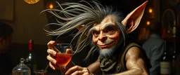 hårete sleek gremlin elf bartender med vind i håret på fest malt av Rembrandt