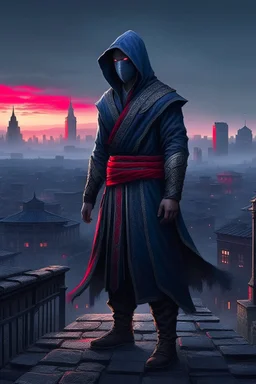 Assassin wearing robe city scape