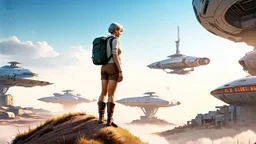 A photorealistic image of a slender 60-year-old woman, in brown shorts, a shirt and boots, with a backpack, standing on a hill looking down on a futuristic derelict sci-fi spaceport with spaceships and alien buildings.
