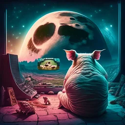 album cover realistic gamer pig watching movie about mushrooms cinema in the background huge moon