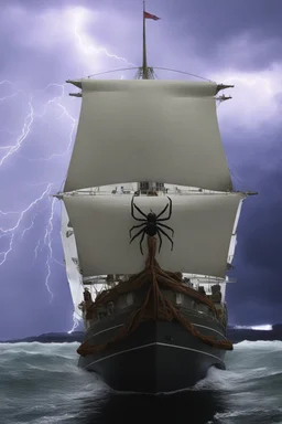 Ship front view with a Spider figurehead at night in a storm with giant waves