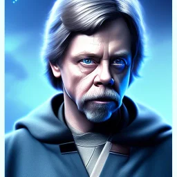 upper body photorealistic jedi mark hamill in Star Wars, sharp blue eyes, photorealistic weathered skin, dark jedi robe, cinematic lighting, intricate