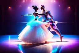 very beautiful a ballet male and female dancers couple in very pretty clothing dancing ,hyper realistic ,disco lights,very luxury dance stage ,with nice light sources and devices in stage, close up