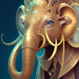 fantasy magic, intricate, sharp focus, illustration, highly detailed, digital painting, concept art, matte, art germ and Paul Lewin and Kehinde Wiley, masterpiece silver elephant head bronze Buddha rabbit turquoise golden waves