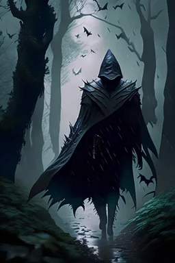 10k hyper realistic detailed Vampire ninja assassin, bats swarming, wide shot, hooded armor, walking through misty skyrim forest