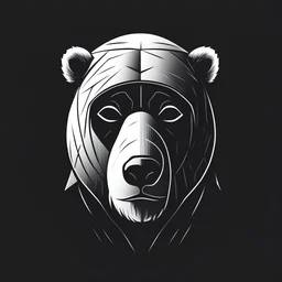 man wearing a polar bear head mask, logo, ver minimal, white on black, least details, polygonic