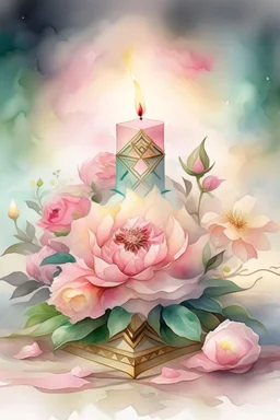 MAGIC A PYRAMID CANDLE IS BURNING AROUND WONDERFUL FLOWERS English watercolor, Smoky cream, pale gray, pale pink, pink background. bright light, a bouquet of roses on the table are pale pink, pale bordeaux, white, ochre. green stems, the light is translucent. Watercolor, fine ink drawing, peonies in an hourglass, elegant gold inlay, rich interior