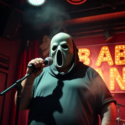 a very fat swedish man, with a mask with only a hole for the mouth, he is called "KEBAB MAN" performing at death metal club, his name is "KEBAB MAN" kebab rolls On stage, kebab Neon lights and smog, and "KEBAB MAN" big sign on the wall, he singing with mic, text in swedish! no translate mr. stable ai, text in swedish! no translate mr. stable ai, text in swedish! no translate mr. stable ai