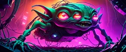 Small alien gremlin scavengers crawling over a crashed spaceship, broken screens glowing, tangled wires like vines, foggy neon atmosphere, mischievous eyes in shadow, airbrush sci-fi fantasy poster, playful but dangerous tone