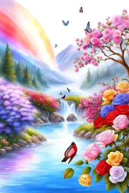 Trés belles roses, rainbows, beautiful colors gardens , flowers, cascades,Birds, butterfly