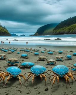 A blue beach with crabs designed in pacific Northwest totem poles painted by Pieter Bruegel the Elder