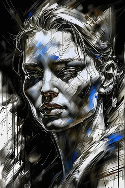 Portrait of personage on slep face , by Dino Valls, by Russ mills, dramatic, background is an elusive drug hallucinatio with a translucent horizontal brushstroke of white covering her eyes, sketched strokes outline, Rhys Ifans as well subject with a translucent horizontal brushstroke of white covering her eyes, sketched strokes outline her figure as well