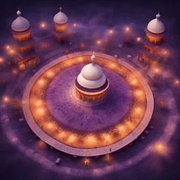 Hyper Realistic Aerial View of multiple Sufi Whirling with Purple & Maroon, Islamic Sufi Rustic Grungy orange-Patterned-mosque with white-rose-petals at night.