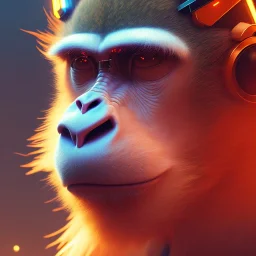 A beautiful portrait of a cyberpunk monkey facing camera orange color scheme, high key lighting, volumetric light high details with white stripes and feathers unreal 5, octane render, cinema4d, dynamic lighting, dramatic lighting, 4k, redshift render, highly detailed, hyper realistic