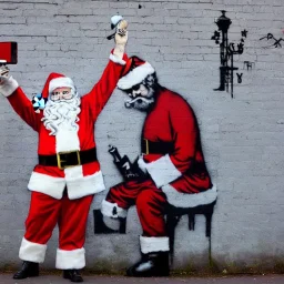 santa, banksy wall, camera