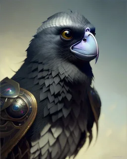 black feathered, rogue, mysterious Kenku male, bird, full-scale head and shoulders portrait, 8k resolution concept art portrait by Greg Rutkowski, Artgerm, WLOP, Alphonse Mucha dynamic lighting hyperdetailed intricately detailed Splash art trending on Artstation triadic colors Unreal Engine 5 volumetric lighting Splash art fantasy.