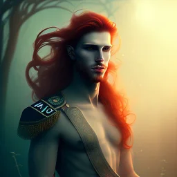  man with long red hair, full body, dark fantasy setting, ethereal, soft lighting