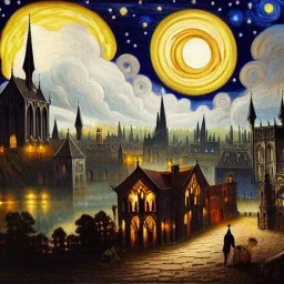 gothic painting of a victorian city in a fantasy starry night