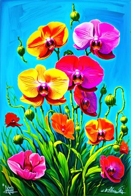 gigantic poppies in the colors of exotic orchids in the garden of eden; vivid colored pencil drawing on sky blue Pastelmat
