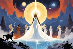 [illustration by Angus McBride] A cosmic heroic fantasy tableau in the style of American Gods at a galactic scale: multiple deities standing in a fractured divine realm. In the center, Lov, a newborn blonde goddess of lust and raw power, radiant and dangerous, glowing with instinctive energy. Nearby, the White Witch, a pale blonde former goddess of healing and peace, serene yet subtly corrupted, her light dimmed by influence. In the background, hints of absence: abandoned divine forges for Rip,